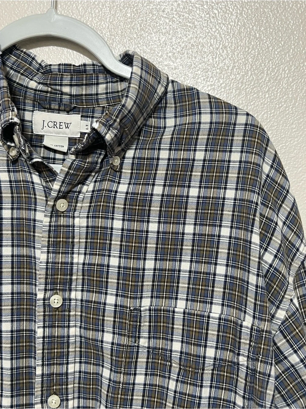 J.Crew Mens Lrg Plaid Button Down Shirt Navy Blue Grey Tailored 100% Cotton L/T